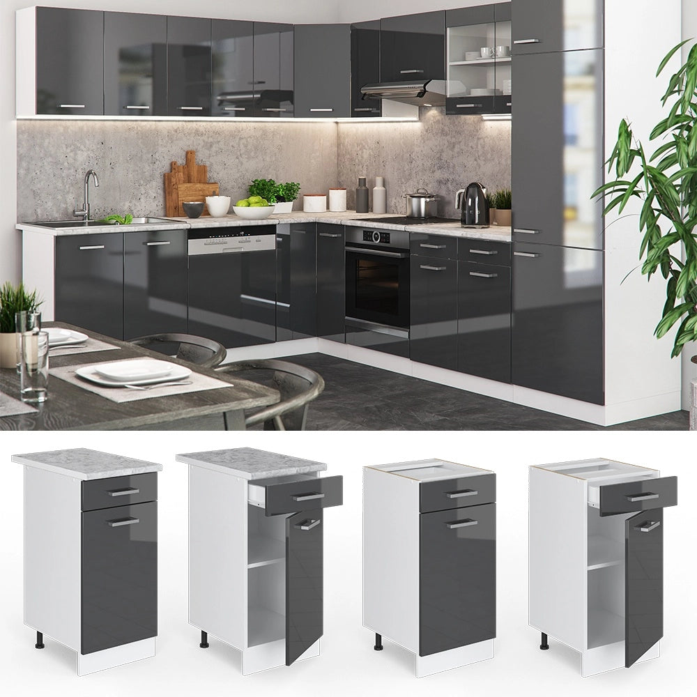 Mobiletto base per cucina R-Line Antracite lucido/Bianco 40 cm, PL Marmo Vicco