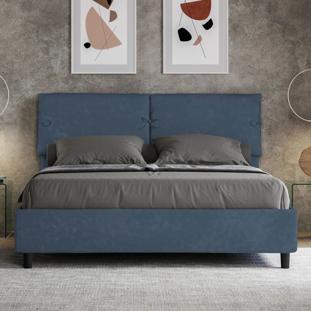 BS COM Letto matrimoniale con rete imbottito 160x210 microfibra blu