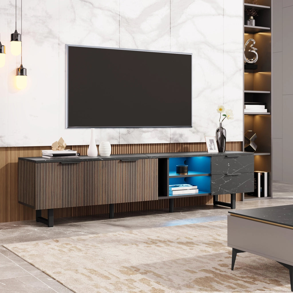 Cassettiera per TV nera e legno; in MDF; lunghezza 200 cm