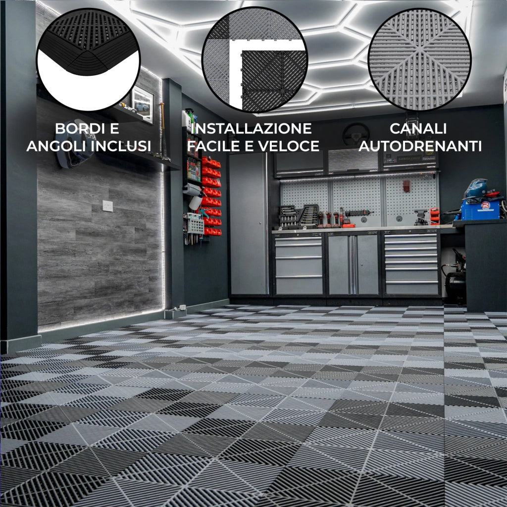 Piastrelle ventilate nere e grigie 3,2m x 6m per garage e officine, antiscivolo.