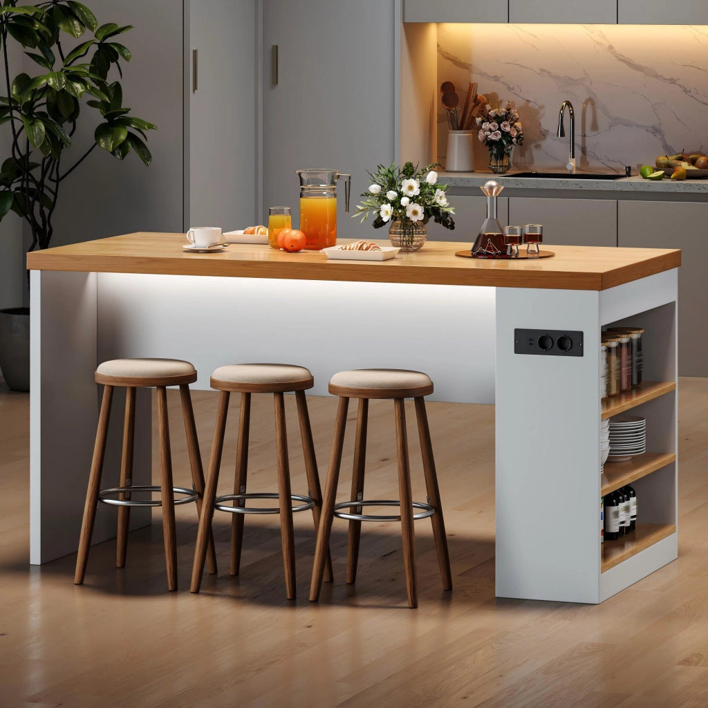 Isola da cucina 155x80x90 cm con LED, prese di corrente e 3 ripiani aperti