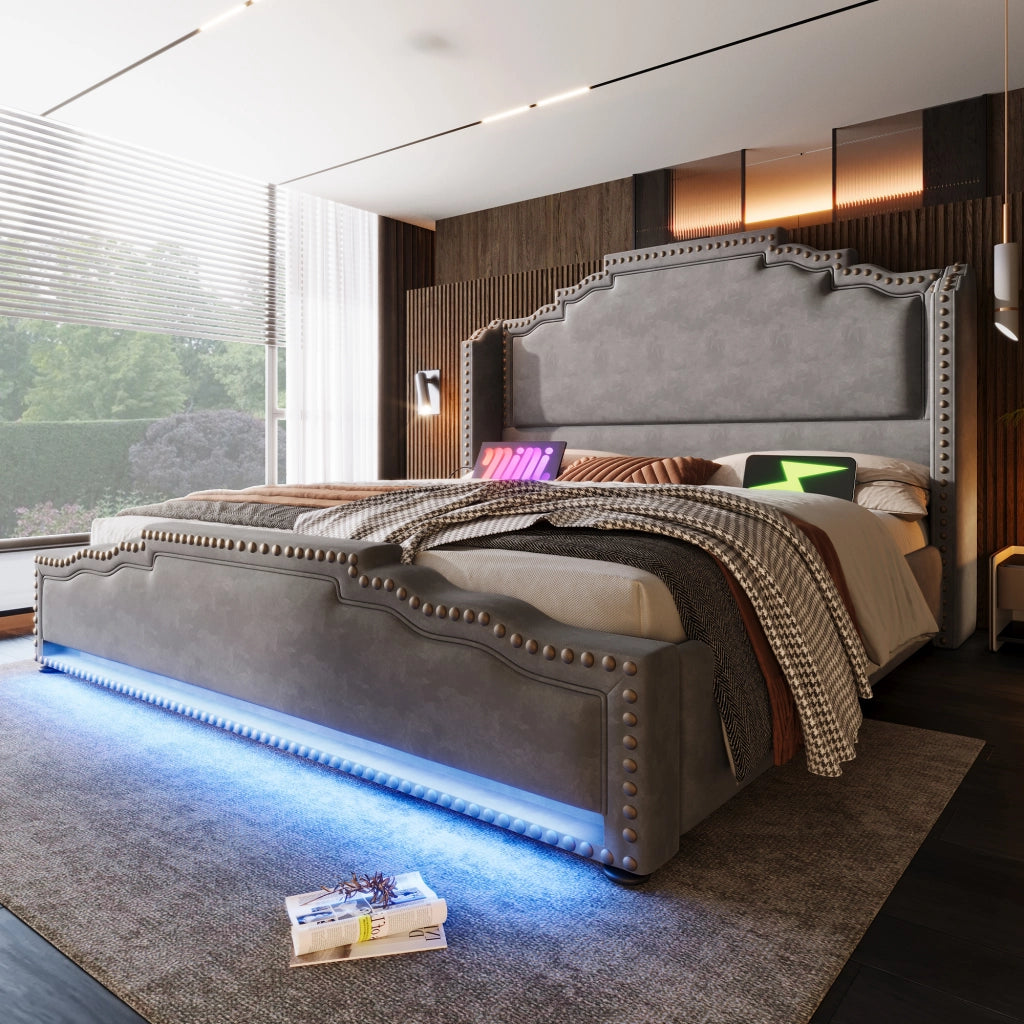 Letto imbottito 160x200 - Zephmum - 4 cassetti, LED, USB-C, velluto grigio