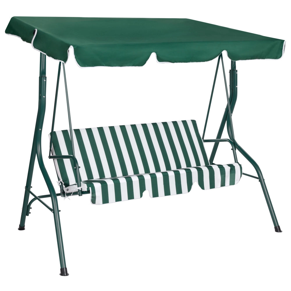Altalena da giardino per patio con struttura in acciaio a rete a righe verdi a 3 posti con baldacchino