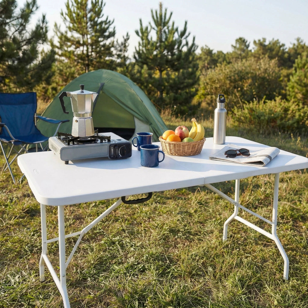 Essence - Tavolo da giardino pieghevole 180x74x70 cm da campeggio picnic portatile in resina bianco
