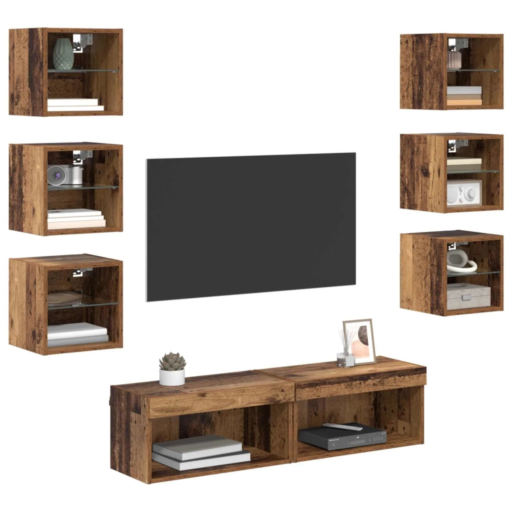 Mobile TV con luci a strisce a LED 8 pz-Credenza TV-Console TV Legno vecchio Vetro