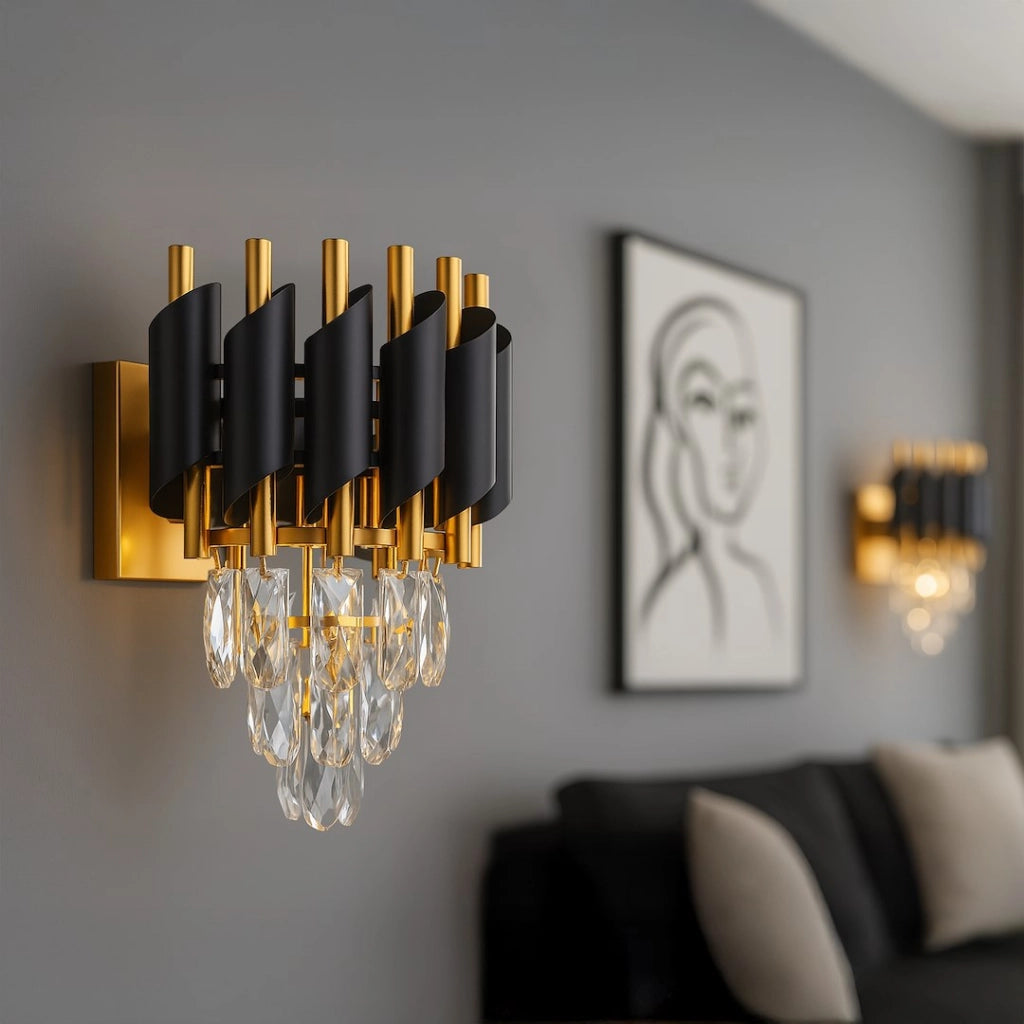 Applique glamour a spirale con cristalli nero oro 2xE14