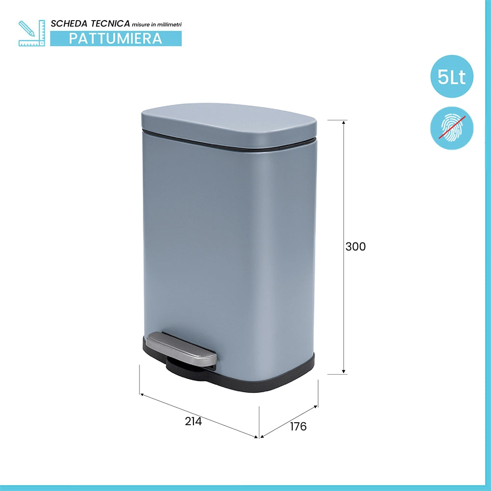Set pattumiera 5lt a pedale e portascopino in acciaio azzurro polvere Axin