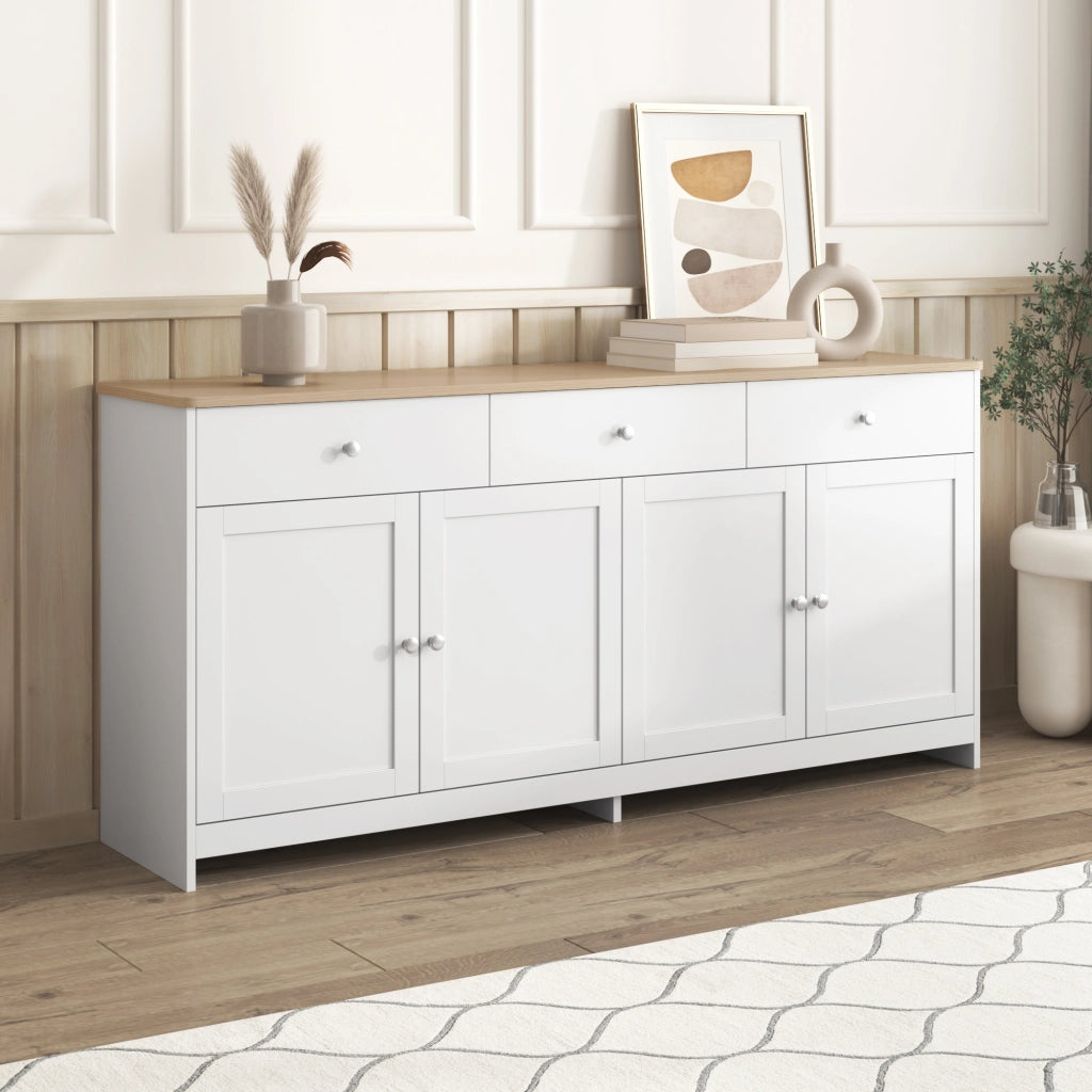 Credenza con 4 ante; 3 cassetti e ripiani regolabili in MDF bianco e color legno per soggiorno 160 × 37 × 75 cm