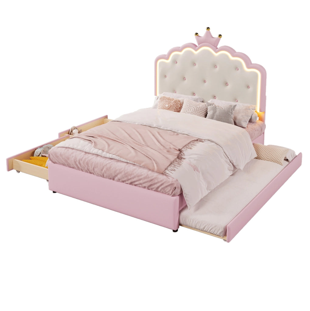 Letto imbottito per bambini 140x200 cm con rete, luce LED e cassetti
