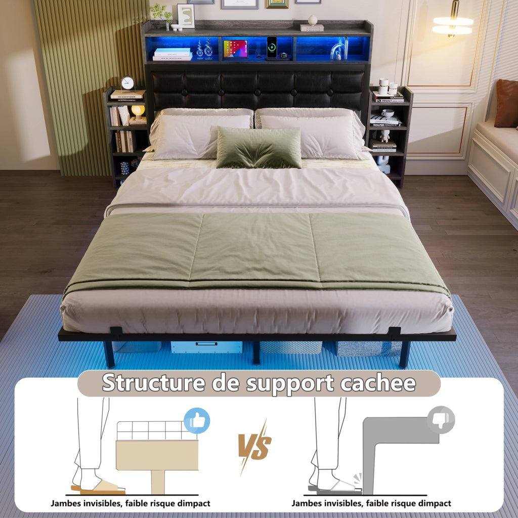 Letto matrimoniale 140x190 grigio con doghe 2 comodini estraibili USB/Type-C LED