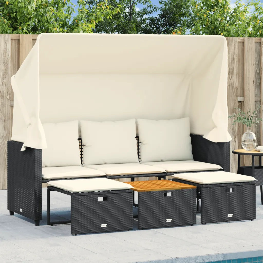 Divano Giardino 3 Posti Baldacchino e Sgabelli-Sofa da Giardino-Divanetto da esterno Nero Polyrattan