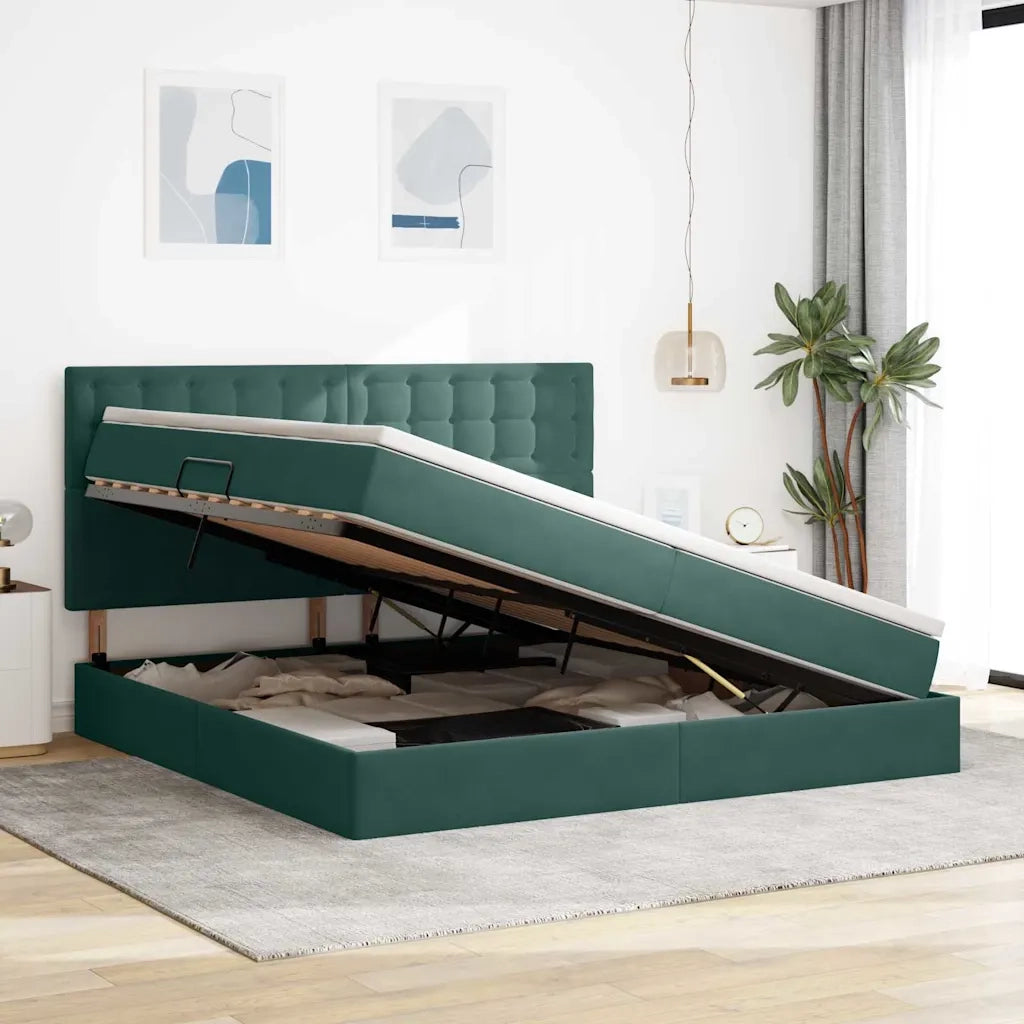 Letto con contenitore e LED Verde Scuro 200 x 200 cm Velluto 3372810