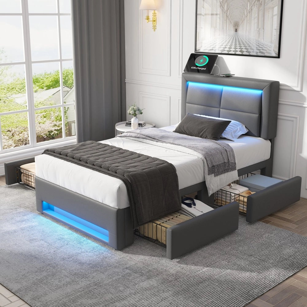 Letto Imbottito con LED e Cassetti ¨C MINIMAL ¨C Grigio, 90x200 cm