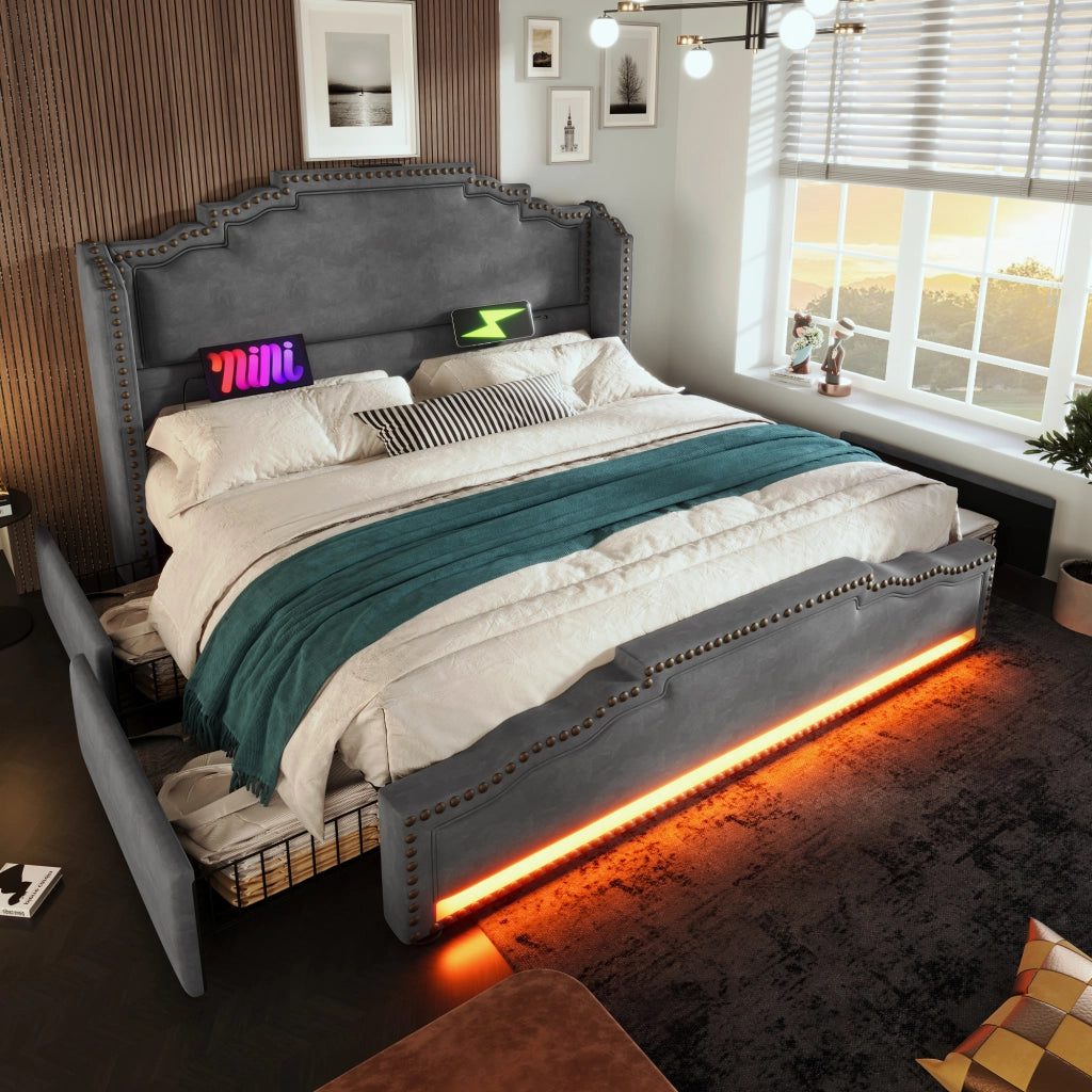 LETTO matrimoniale 180x200 cm con 4 cassetti, LED, USB e Type-C, velluto grigio