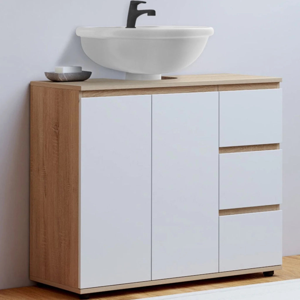 IDMarket - Mobiletto da bagno TOMI con armadio e 3 cassetti, finitura faggio e bianco
