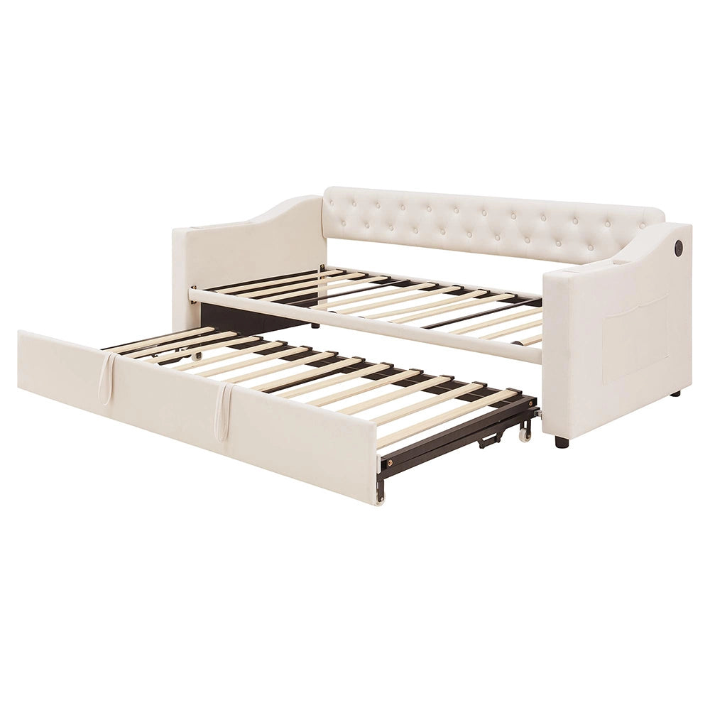 Divano letto - Xylo - 90/180x190 cm braccioli USB velluto beige