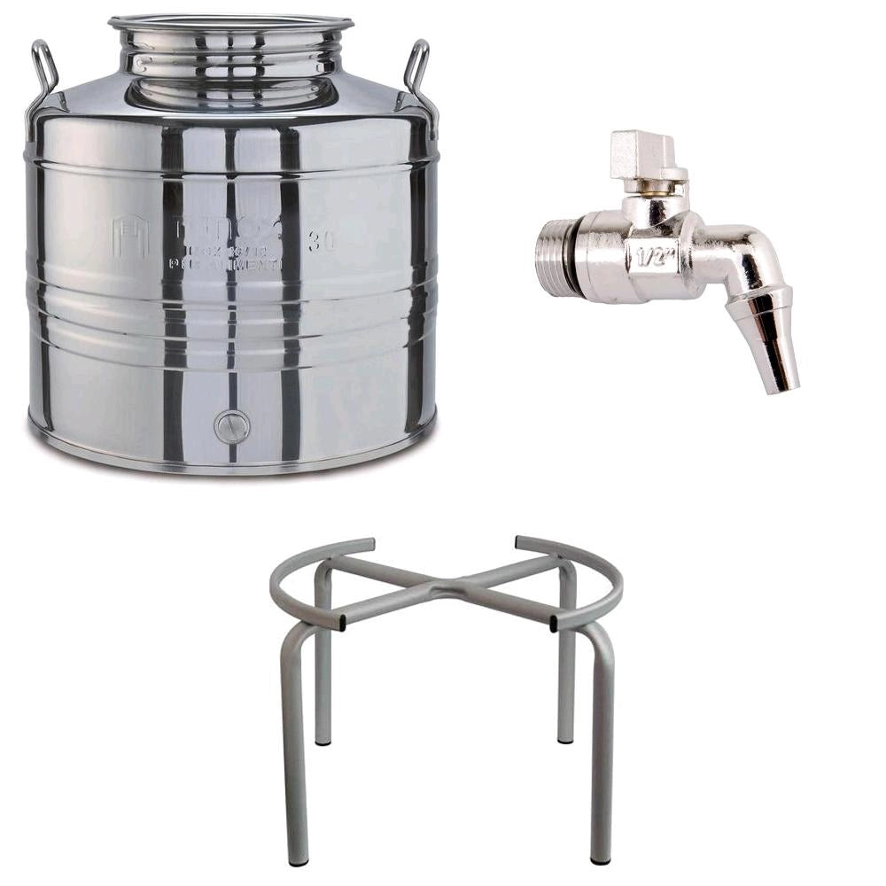 Contenitore Bidone Fusto In Acciaio Inox per Olio 15 Litri con Rubinetto e Supporto Portafusto