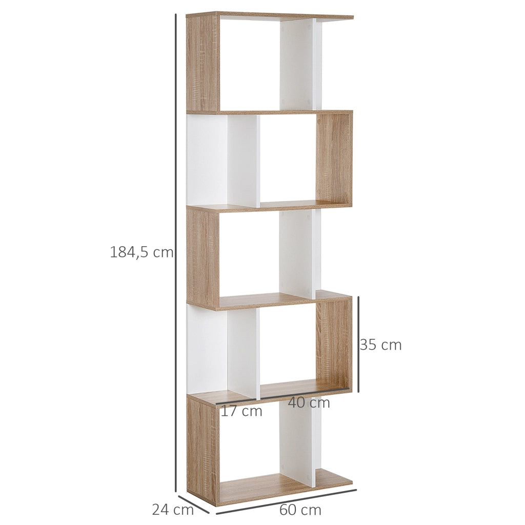 Libreria a S con 5 Ripiani ¨C Minimal ¨C Bianco e Legno 60x24x184,5cm