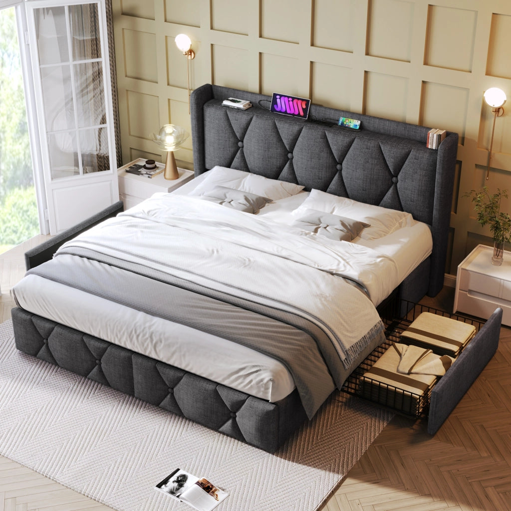 LETTO Contenitore 140x200 cm Grigio in lino con 4 cassetti, USB e prese
