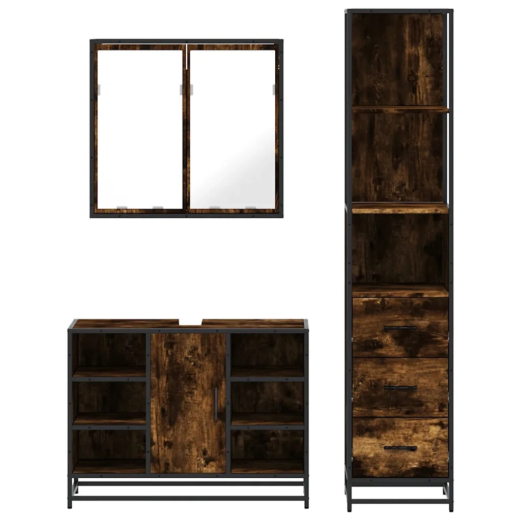 Set Mobili da Bagno | Armadio da bagno 3 pz Rovere Fumo in Legno Multistrato