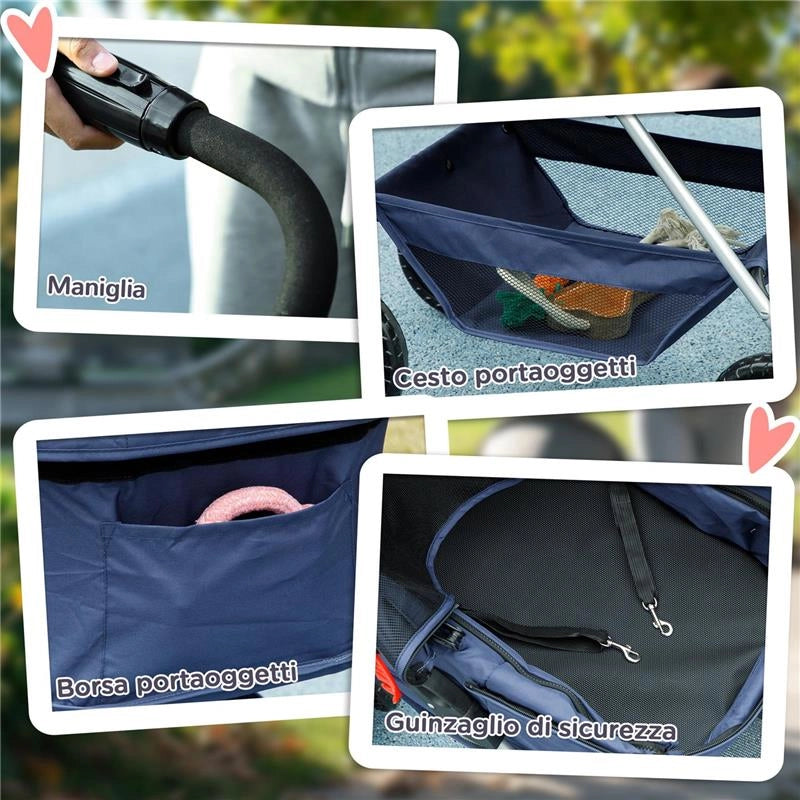PASSEGGINO PER CANI 3 IN 1 PIEGHEVOLE CON BORSA TRASPORTINO E CESTINO INFERIORE BLU