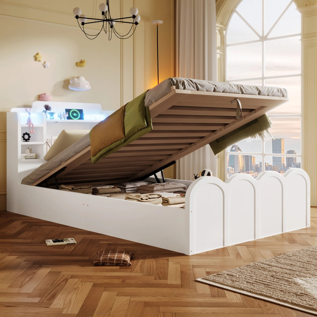 Letto Contenitore con LED e USB ¨C MINIMAL ¨C 90x200, Bianco, Idraulico