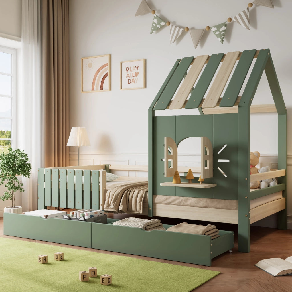 LETTO A CASetta 90x200 cm Verde e Naturale con 2 Cassetti