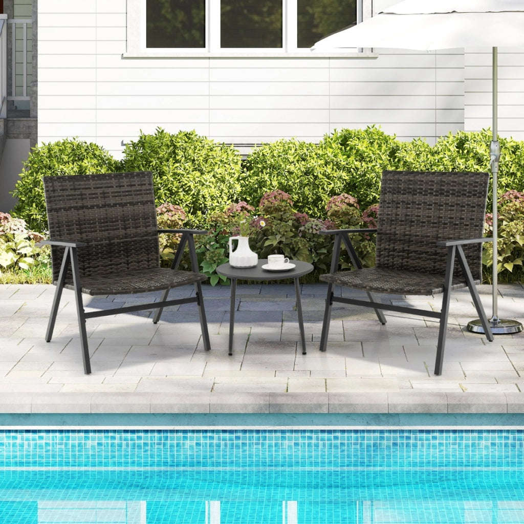 Set bistro da 3 pezzi per patio con schienale e seduta in rattan, Set conversazioni con tavolino rotondo per balcone Grigio