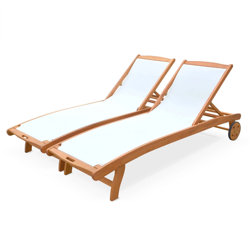 Set 2 lettini prendisole in legno multiposizione con ruote, bianco