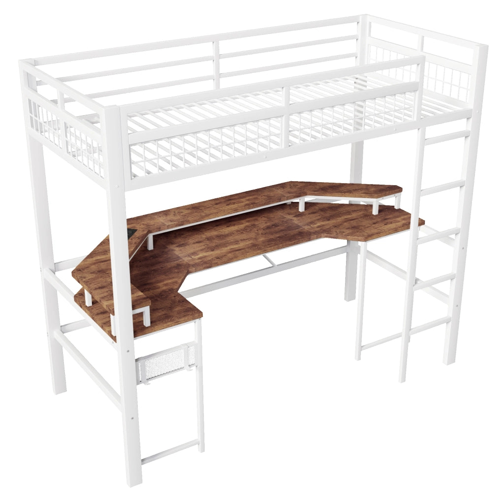 Letto a soppalco con scrivania e LED - Zephmum- 90x200 cm, bianco, USB, presa