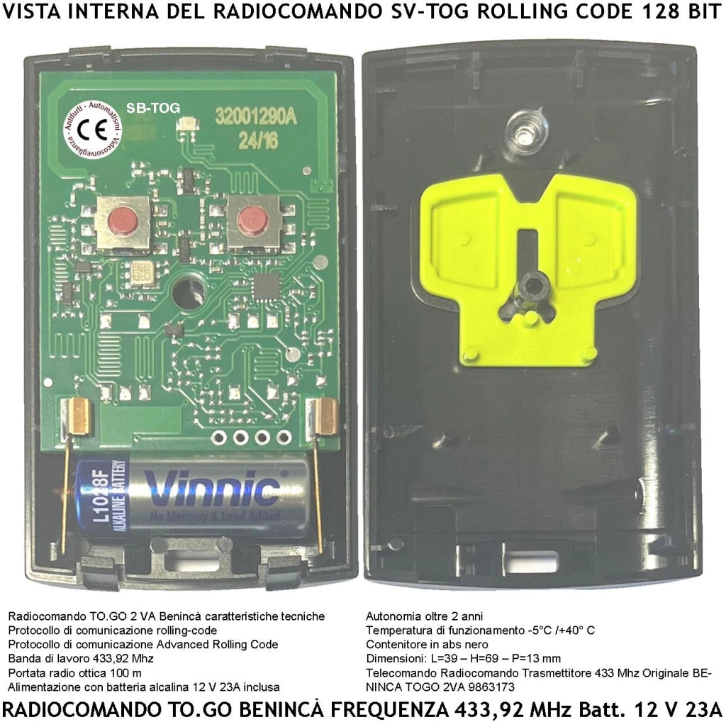 Radiocomando 2 Trasmettitori TO.GO 4 Canali Freq. 433,92 MHz Portata Radio 60/100 Metri Codice Advanced Rolling Code 128 Bit Batteria 12 V 23A Cover ABS Nero Tasti Gialli Comando Automatismo Benincà