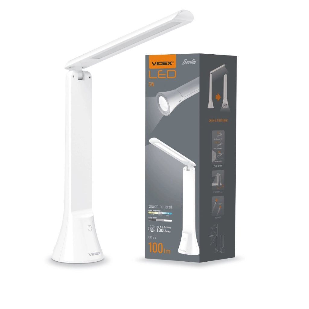 Lampada da scrivania LED 5W dimmerabile, batteria, torcia Videx