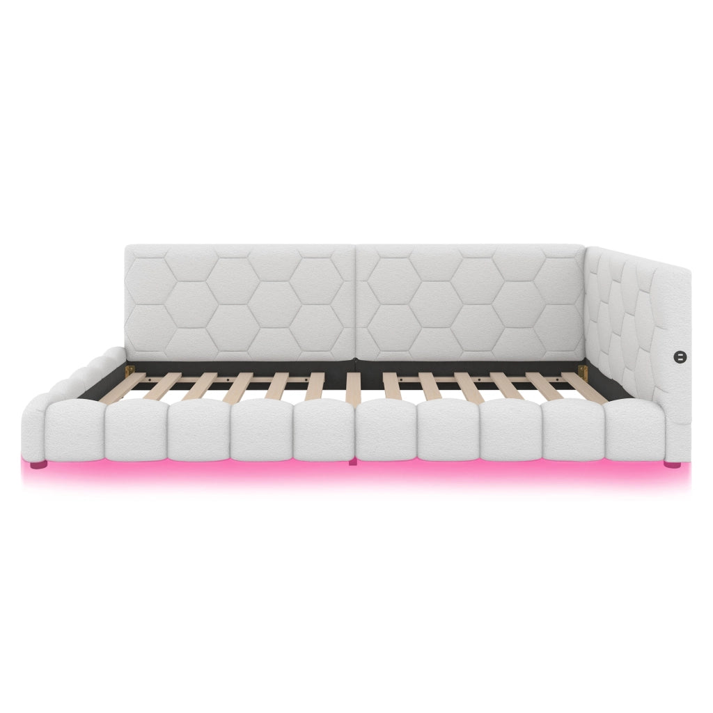 Daybed 90x200 cm in Vliesimitat bianco con luce LED ambientale, USB e Type-C