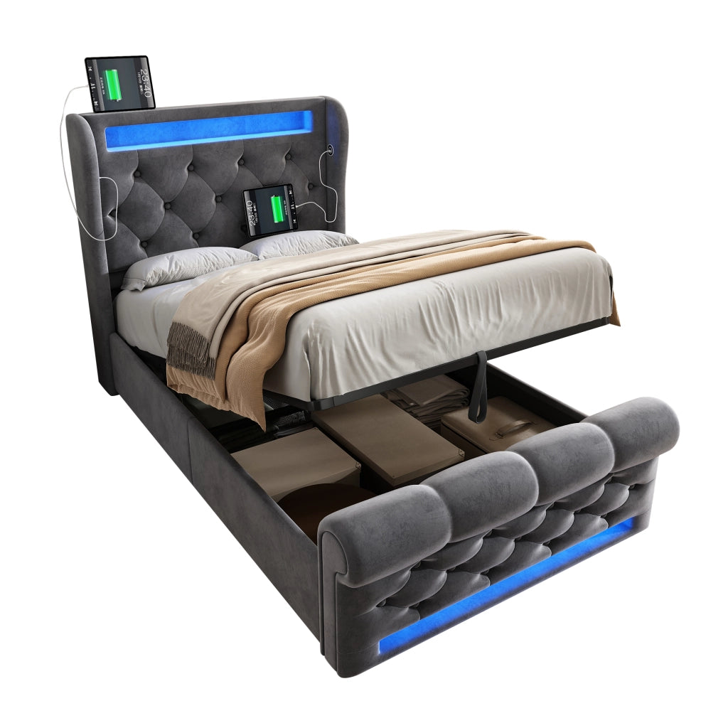 Letto singolo contenitore 90 × 200 cm in velluto grigio con LED porte USB e Type-C