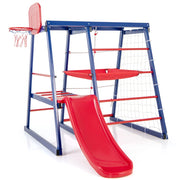 7-in-1 Parco giochi con scivolo e rete scala rampicante e scala di corda, Giochi arrampicata in legno per 3-4 bambini 150x142x146cm