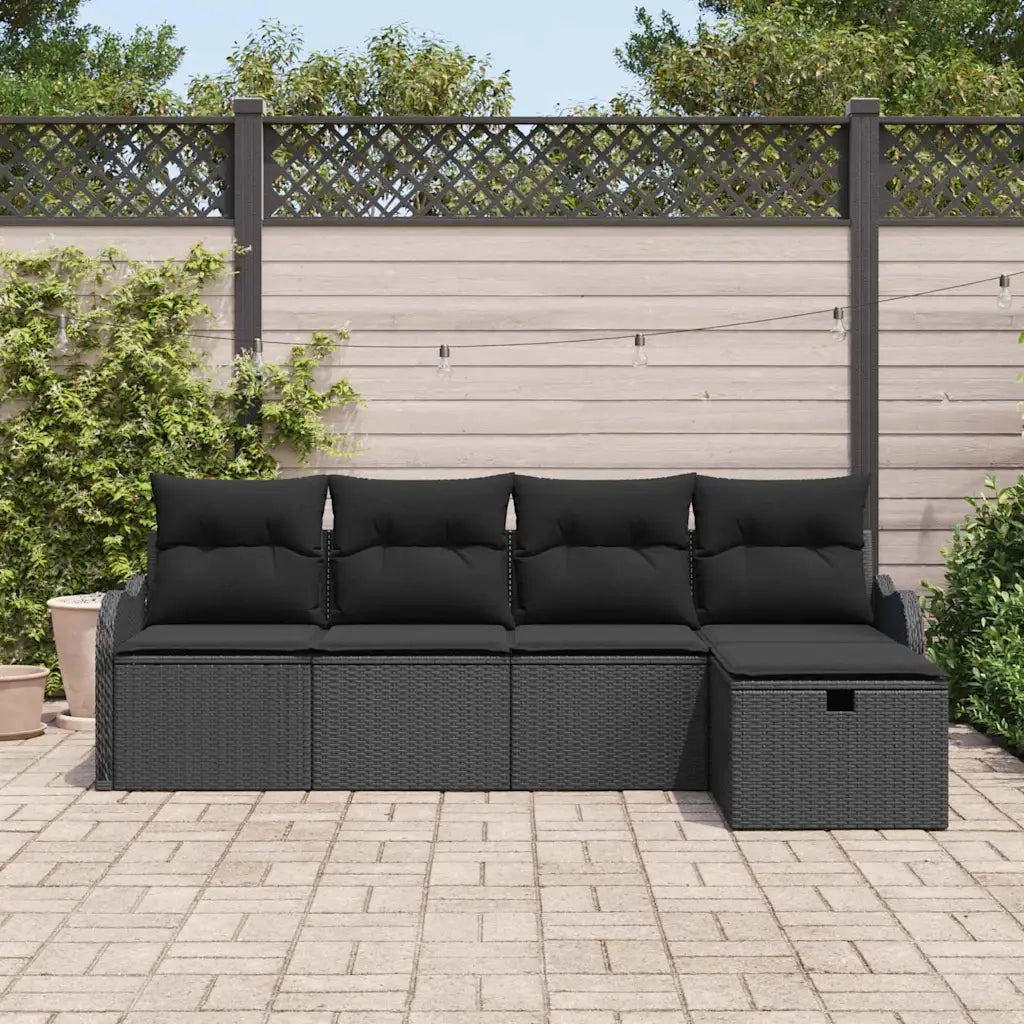 Set Divano da Giardino con cuscino 5 pcs Nero Poly Rattan