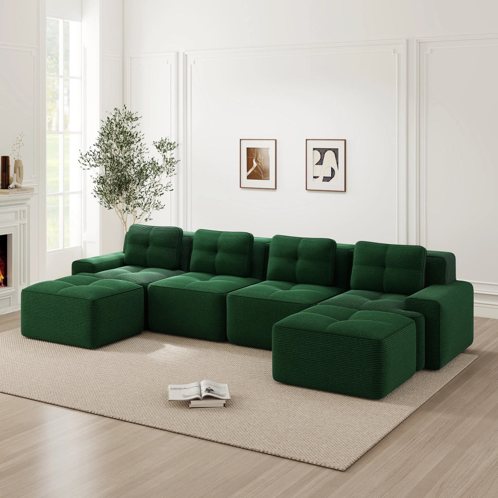 Sofa modulare senza ossa - Zephmum - U-Shape 4 posti verde velluto a coste antiscivolo
