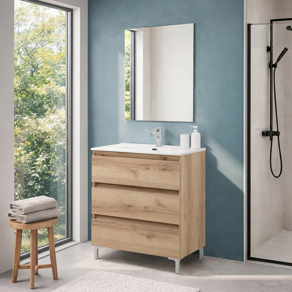 Mobile bagno a terra 80 cm in quercia naturale con lavabo e specchio Leda