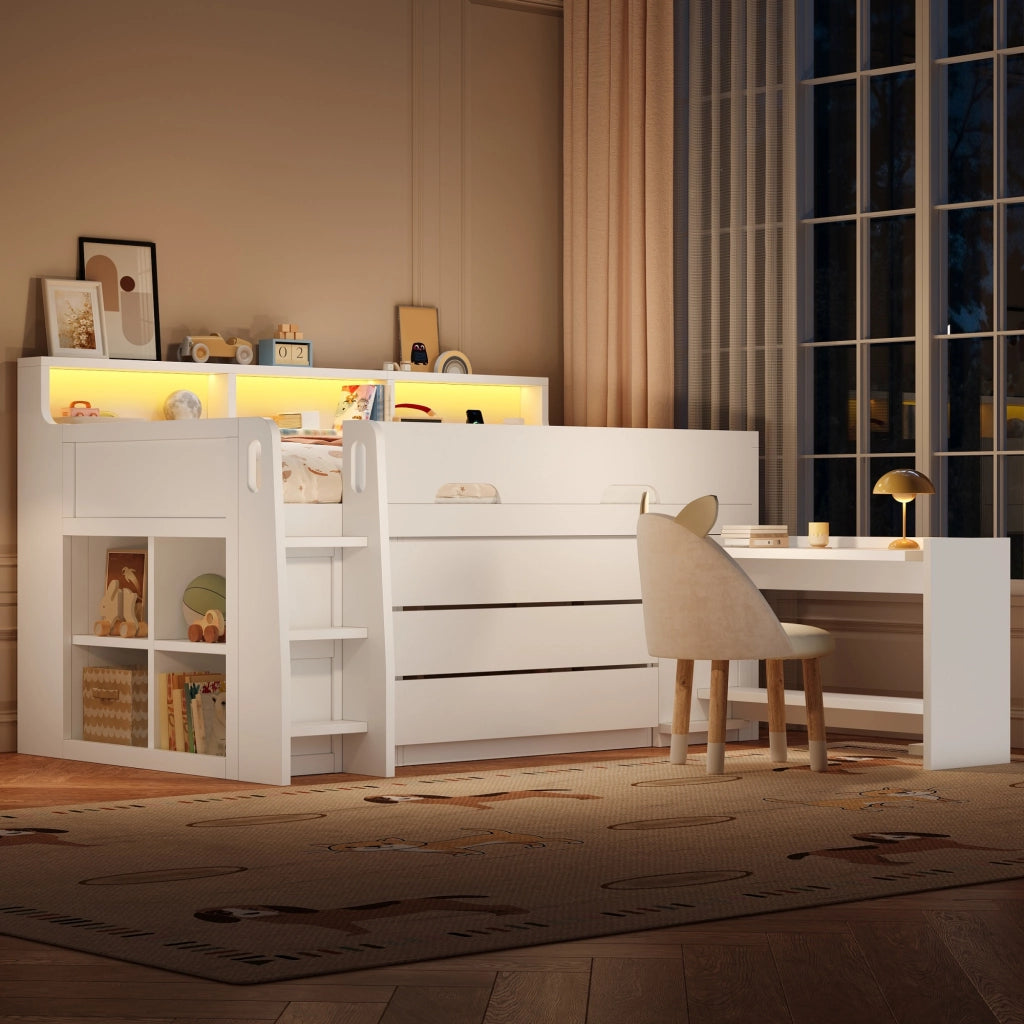 Letto semi-alto 90x200 cm scrivania con luci LED e porta USB cassetti in MDF bianco e compensato
