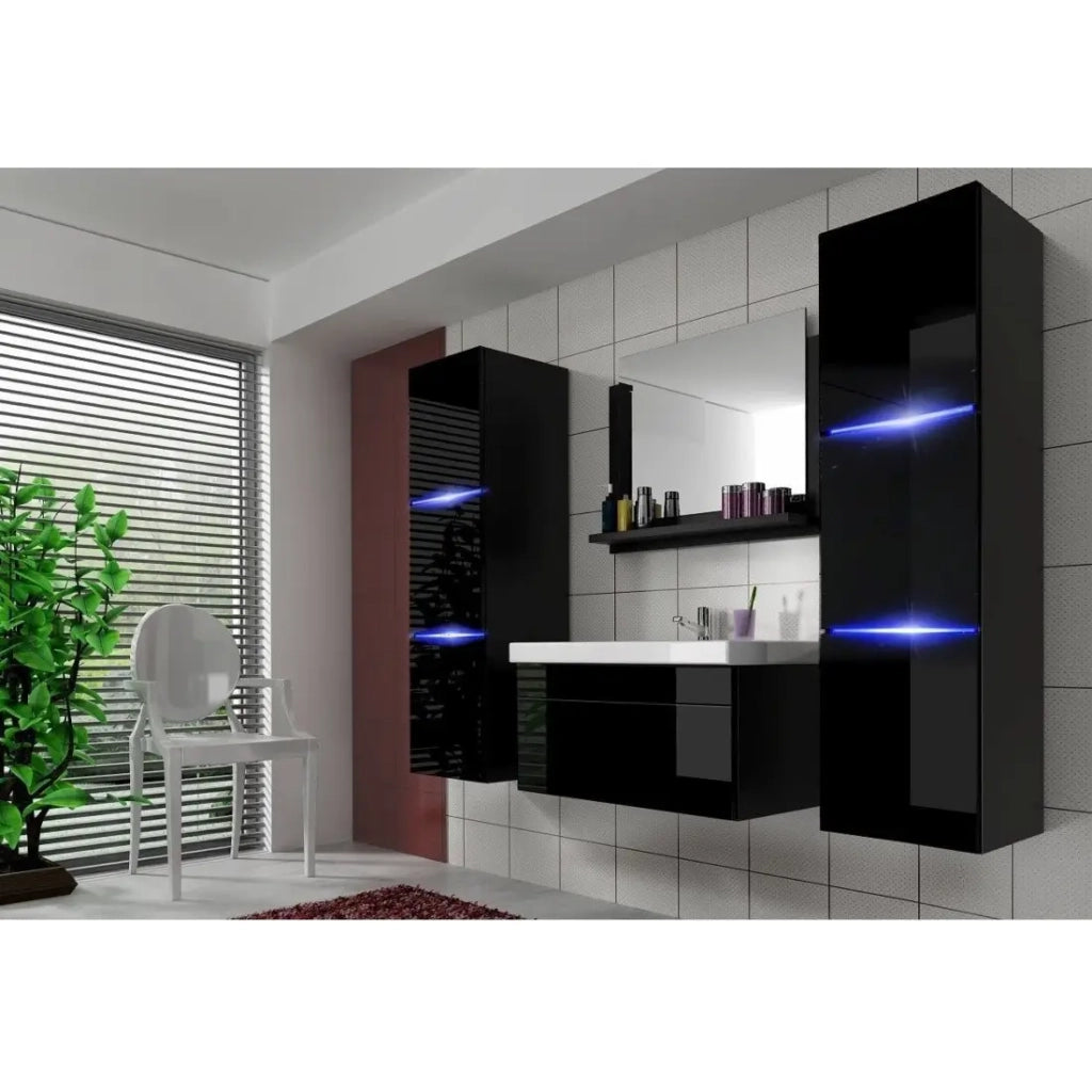 Set di mobili da bagno collezione RAVEN, colore nero opaco e lucido, con specchio.