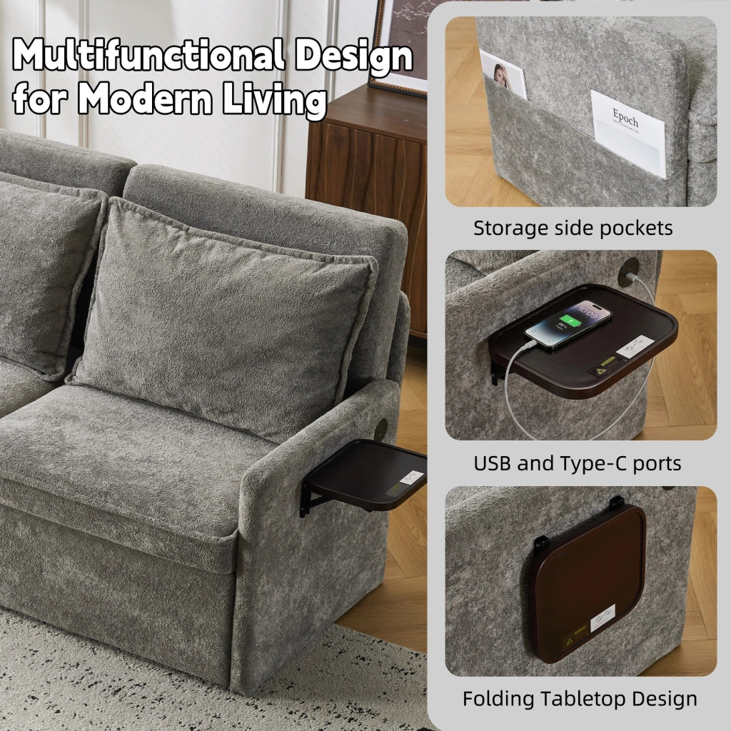 Divano letto con cuscini e USB ¨C Minimal ¨C 3 in 1, schienale regolabile, contenitore, chenille, grigio