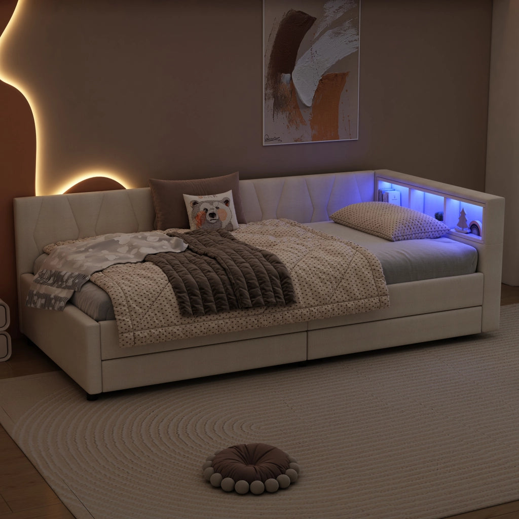 Daybed 90x200 cm in lino e MDF, con LED, USB+Type C, 2 cassetti e vani contenitore