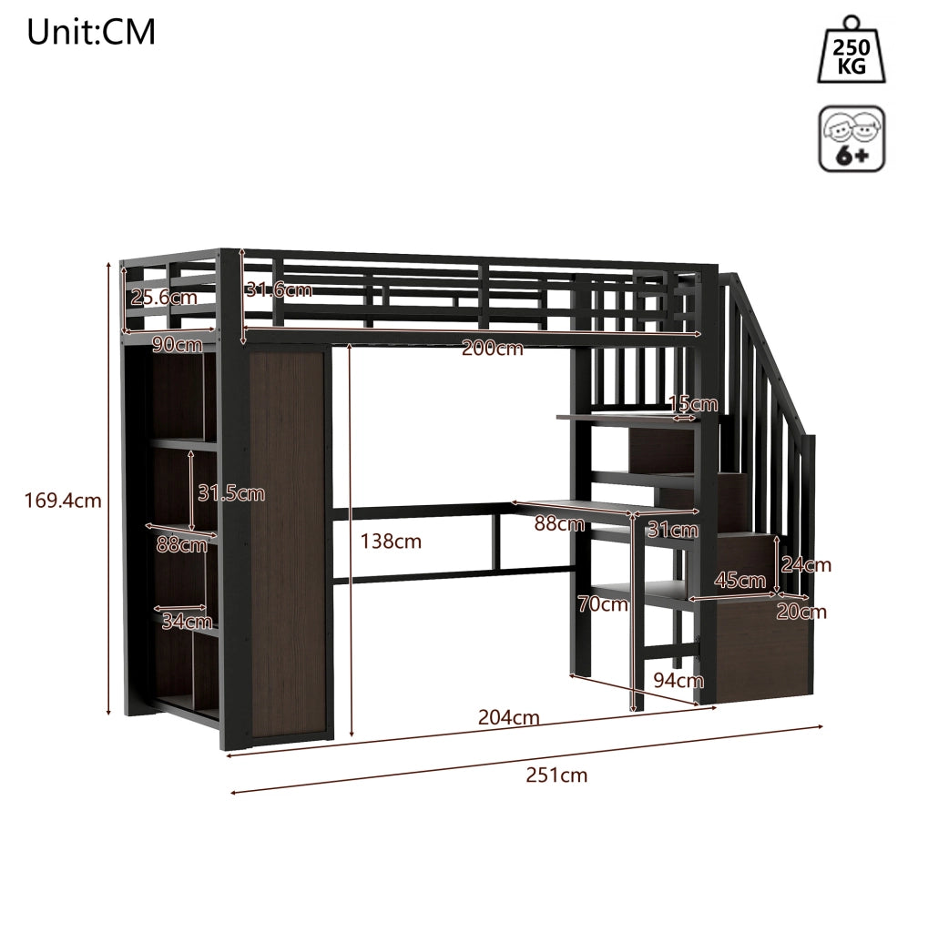 Letto a soppalco 90x200 cm con scrivania; ripiani; scala contenitore e LED; nero
