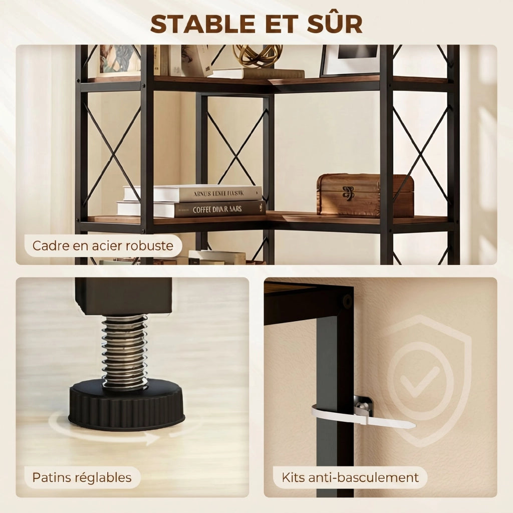 Libreria d'angolo a 6 livelli in metallo ¨C Minimal ¨C 60x60x200 cm marrone rustico