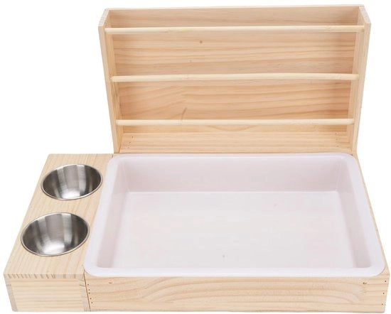 Contenitore per Cibo Animale in Legno 3-in-1 - Sostegno per Mangiatoia - Cassetto per Cibo - Mangiatoia per Gatti - Capacità Ample - Facile da Utilizzare - Contenitore per Cibo Animale