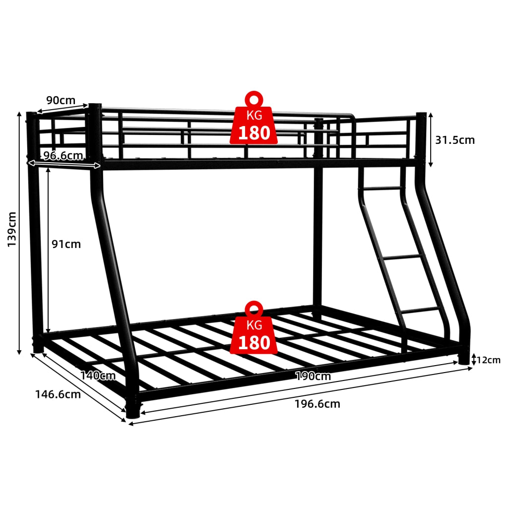 Letto a castello twin over full in ferro nero 105x200 cm