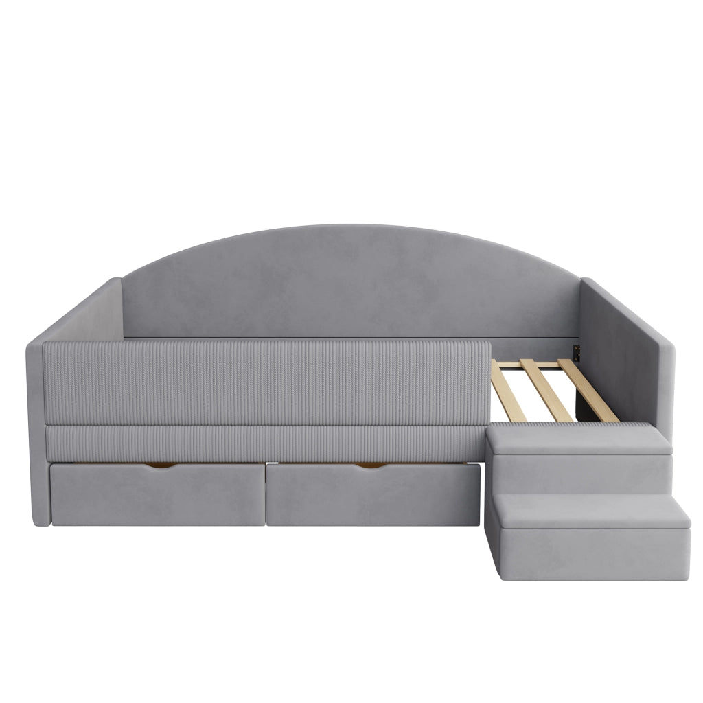 LETTO imbottito 90x190 cm in velluto grigio acqua con cassetti e scale