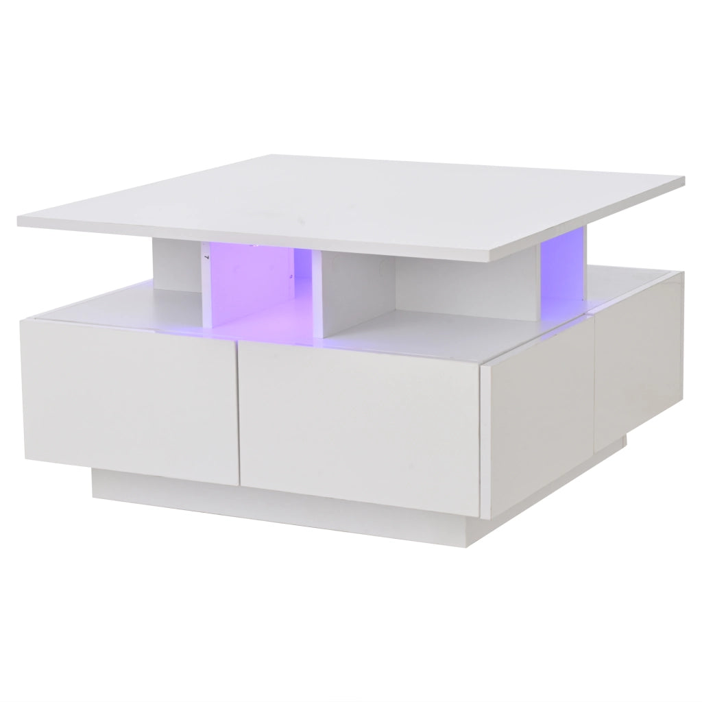 OKWISH Tavolino da salotto quadrato con 4 cassetti, illuminazione LED con controllo tramite app, finitura lucida, 70 x 70 x 40 cm