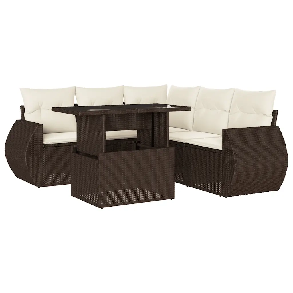 Set Divano da Giardino 6 pz con Cuscini Marrone in Polyrattan