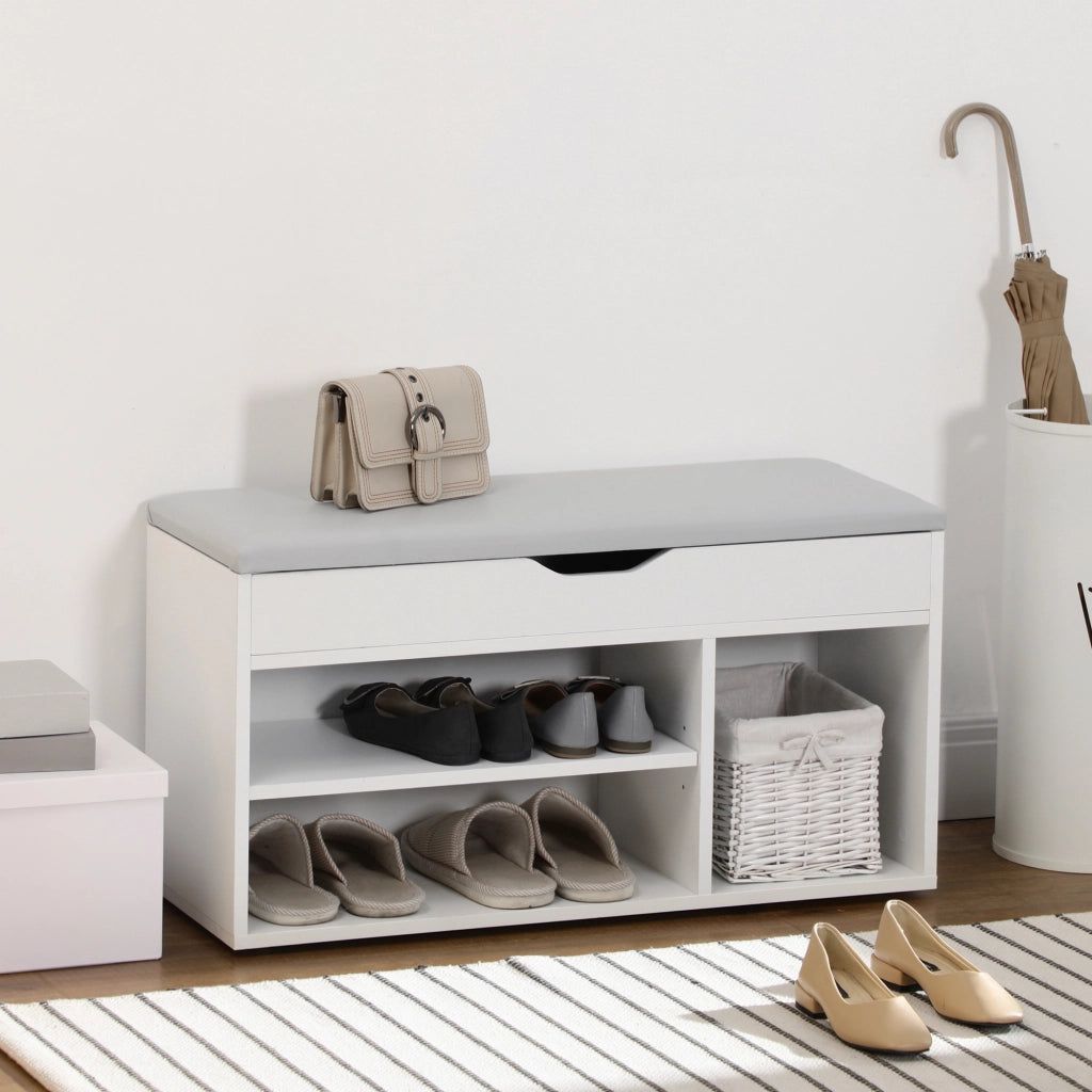 Scarpiera Panca con Contenitore ¨C Xylo ¨C Bianco con Cuscino 2 Ripiani